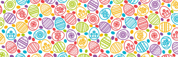 Easter banner with color eggs with flowers and leafs. Easter Day holiday design. Horizontal background, headers, posters, cards, website. Vector illustration.