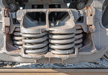 The springs of a railway bogie on the rails. Close-up.