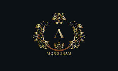 Exquisite bronze monogram on a dark background with the letter A. Stylish logo is identical for a restaurant, hotel, heraldry, jewelry, labels, invitations.