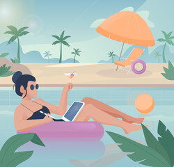 Obraz na płótnie Canvas Freelancer work illustrations in flat vector and relaxing in the pool at the same time