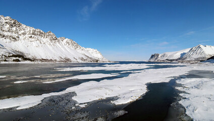 Ice and snow in the Lofoten Islands, Lofoten, North Norway