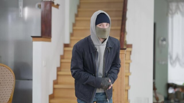 Masked suspicious young thief standing in rich house and suddenly looking at camera. Middle shot portrait of Caucasian burglar breaking in wealthy home to steal. Antisocial lifestyle.