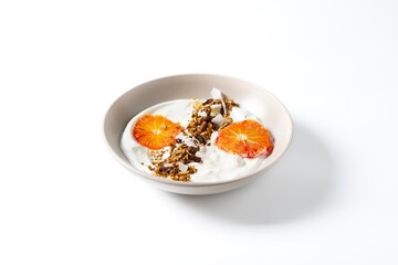 Bowl with yogurt granola and red oranges