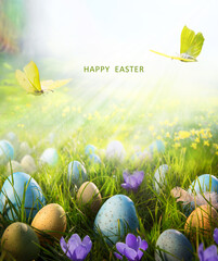 Happy Easter card or banner background; Spring flowers and easter eggs