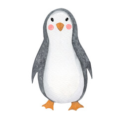 Cute watercolor penguin illustration hand painted in cartoon style. Clip art design elements for kid cards, posters, textile, books.