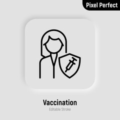 Coronavirus vaccination. Virus protection: woman is protected by shield with vaccine. Immune system. Thin line icon. Pixel perfect, editable stroke. Vector illustration.