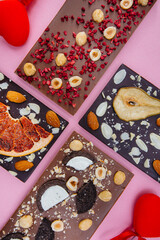 Natural handmade chocolate close-up on a bright background.