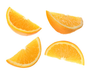 Set with tasty ripe slices of orange on white background