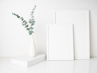 Mock up two size white wooden poster frames,book decor with  Eucalyptus  leaves in modern ceramic vase on white table and wall background