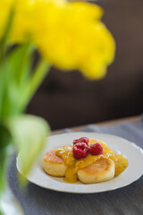 Delicious and beautiful breakfast for family on wooden table.