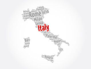 Naklejka na ściany i meble List of cities in Italy, map silhouette word cloud, travel concept background