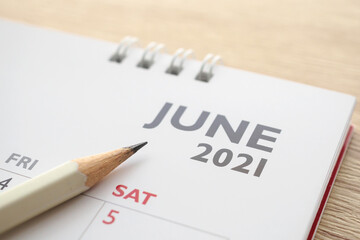 Fototapeta June month on 2021 calendar page with pencil business planning appointment meeting concept obraz