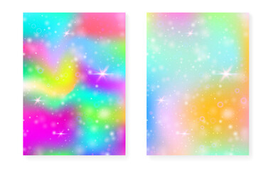 Princess background with kawaii rainbow gradient. Magic unicorn hologram.