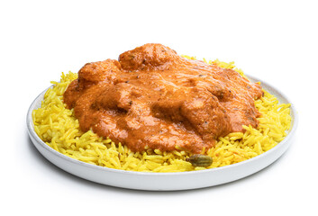 Chicken Tikka Masala with pilau rice isolated on white