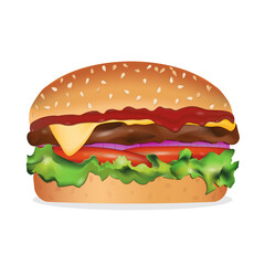 burger with beef, red onion, tomatoes, lettuce and sesame seeds isolated on white background