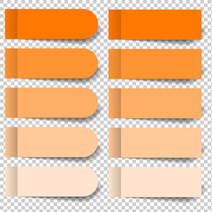 Set of orange pieces of stickers and rounded bookmarks isolated on a transparent background. Separate pieces of tape flat realistic illustration.
