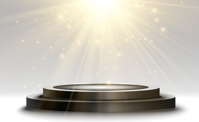 Winner background with signs of first, second and third place on a round pedestal. Vector winner podium sports symbols.	