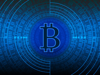 Vector background created by several objects in blue technology theme and big bitcoin symbol 