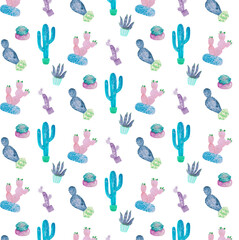 Cute cactus design watercolor pattern for scrapbooking, house plant background