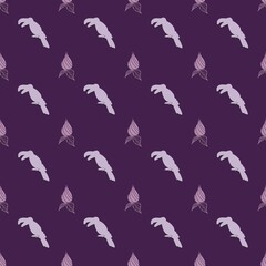 Obraz na płótnie Canvas Seamless abstract animalistic pattern with toucan birds and flowers on a purple background 
