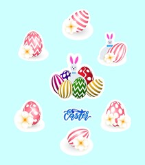 Set of easter sticker with colorful, pink eggs, bunny. As decor for gift box, letters, food, mug. Funny holiday design.
