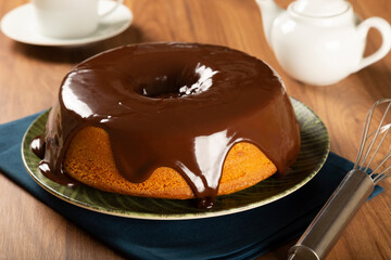 Carrot cake with chocolate icing. Brazilian cake.