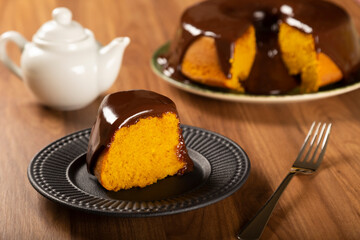 Carrot cake with chocolate icing. Brazilian cake.