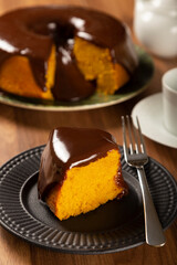 Carrot cake with chocolate icing. Brazilian cake.