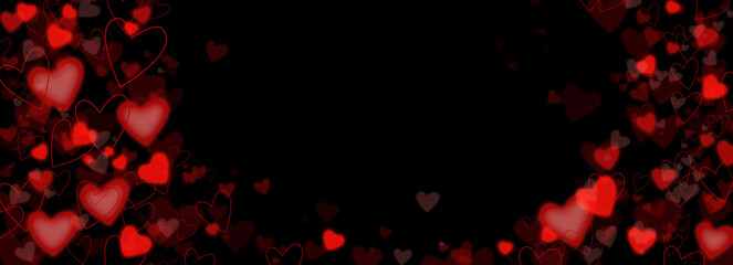 Fototapeta na wymiar Red hearts on dark background. Abstract holiday background.