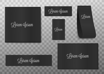 Black blank fabric clothing labels set, realistic vector illustration isolated.