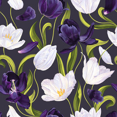 Hand-drawn white, purple realistic tulips flowers and green leaves seamless pattern on dark background. Textiles, clothing prints, desktop wallpapers, social media posts and covers, banner ads.