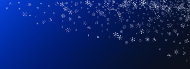 White Snowfall Vector Blue Background. Falling Snow Banner. Gray Light Card. magic Snowflake Backdrop.