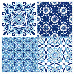 Collection traditional ornate Portuguese tiles azulejos. Ethnic folk ornament. The vintage pattern. Majolica.