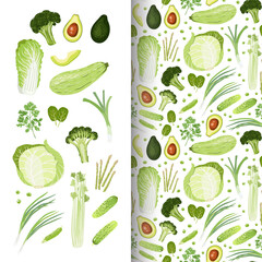 Set of vegetables. Chinese-cabbage, White-cabbage, Squash, green Leek, Green onion, Tats, Asparagus, Broccoli, Avocado, Peas, cucumbers, Parsley, Celery. Healthy nutrition. Vegan. Vector illustration.
