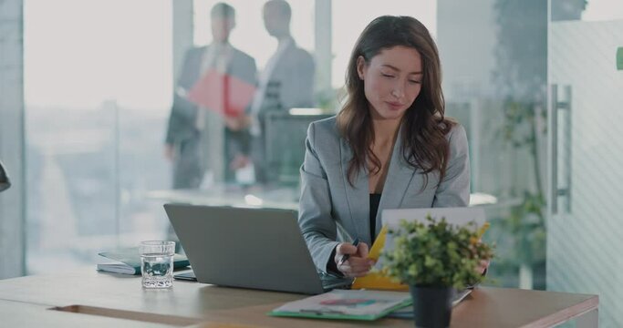 Office recruiter young woman working by computer desk, examining CV application and examining job vacancies. Hiring manager. Female executive.