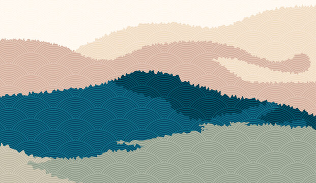 Landscape background with mountain scenery decorated with japanese wave pattern. Vector illustration of travel and adventure theme with abstract nature landscape