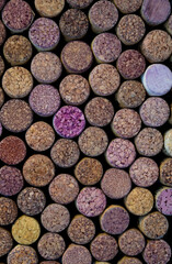 Wine background. Lots of bottle caps. Bark cork. Wine bottle corks. Top view. Flatlay
