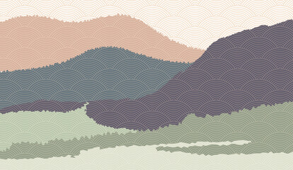 Landscape background with mountain scenery decorated with japanese wave pattern. Vector illustration of travel and adventure theme with abstract nature landscape