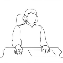 man in overhead headphones sits at a table his right hand is on a computer mouse and his left hand is on the keyboard - one player concept or composer, blogger, video manager