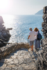 Couple observes the sea from the top of a cliff