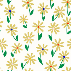 Fototapeta na wymiar Floral abstract vector seamless pattern with chamomile in minimalistic style. Cute hand-drawn botanical repeated background for fabric design.