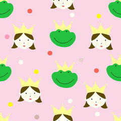 Seamless repeted pattern with cute little girl's portraits and froggy in crown. Fairy-tale print. Vector childish print. Seamless pattern design with hand drawn  faces princess and froggy.