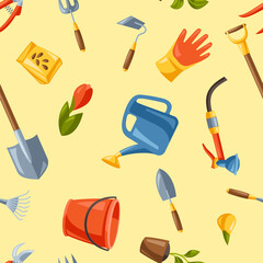 Seamless pattern with garden tools and equipment.