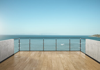 View from the balcony to the sea.Landscape. Sunny Day. Terrace with a beautiful view. Background...