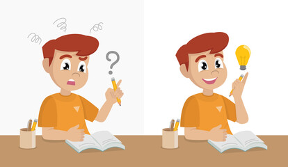 Happy School boy having trouble with his homework and  hard think