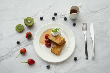 American and Thai breakfast set on the marble background