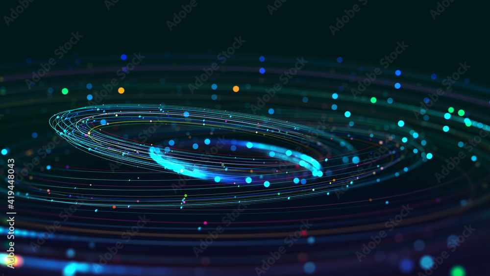 Poster Data stream. Digital mind. Creation of artificial intelligence. Massive data, digital funnel, information whirlpool. Orbit, trajectory, flow, information 3D illustration