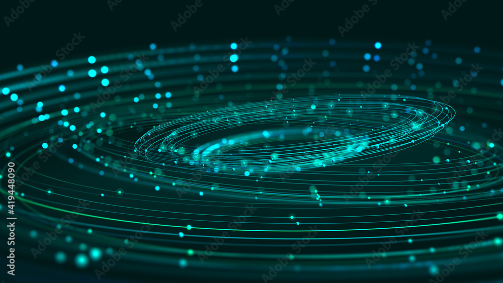 Poster Data stream. Digital mind. Creation of artificial intelligence. Massive data, digital funnel, information whirlpool. Orbit, trajectory, flow, information 3D illustration