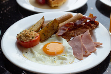 American and Thai breakfast set on the marble background
