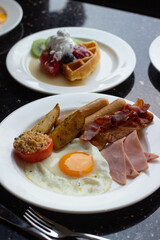 American and Thai breakfast set on the marble background